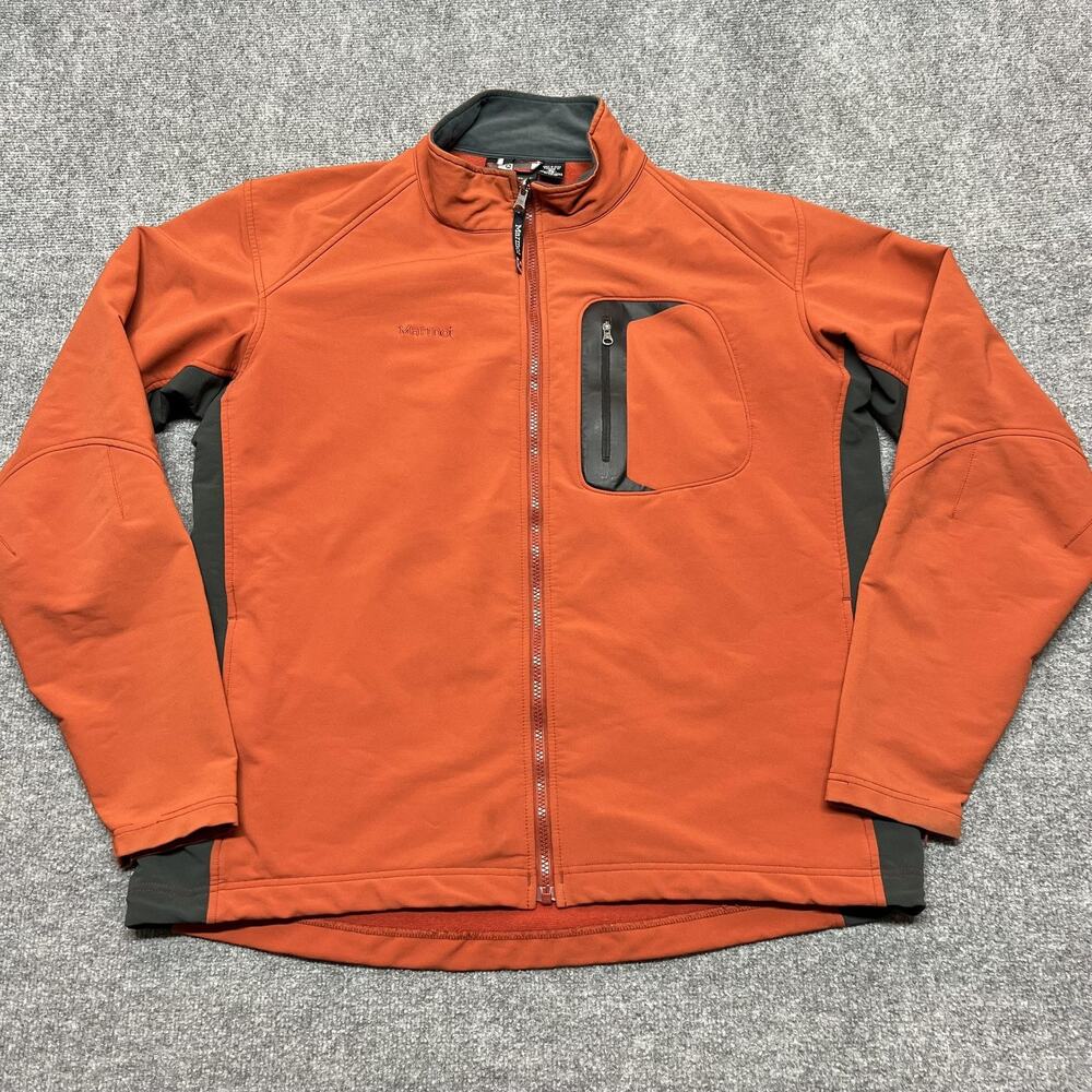 Marmot Jacket Mens XL Orange Gray Softshell Fleece Lined Full Zip Hiking Outdoor